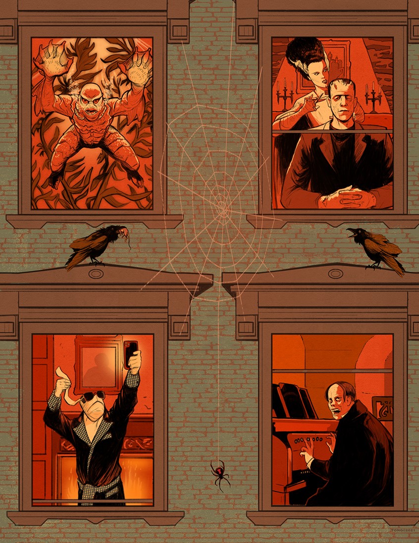 illustration of Halloween self promotion portraying classical monsters in different situations . Digital illustration using line and color. Halloween, Classical monsters, Portrait, Portraits, Spiders, Crows, Spider web, Retro.