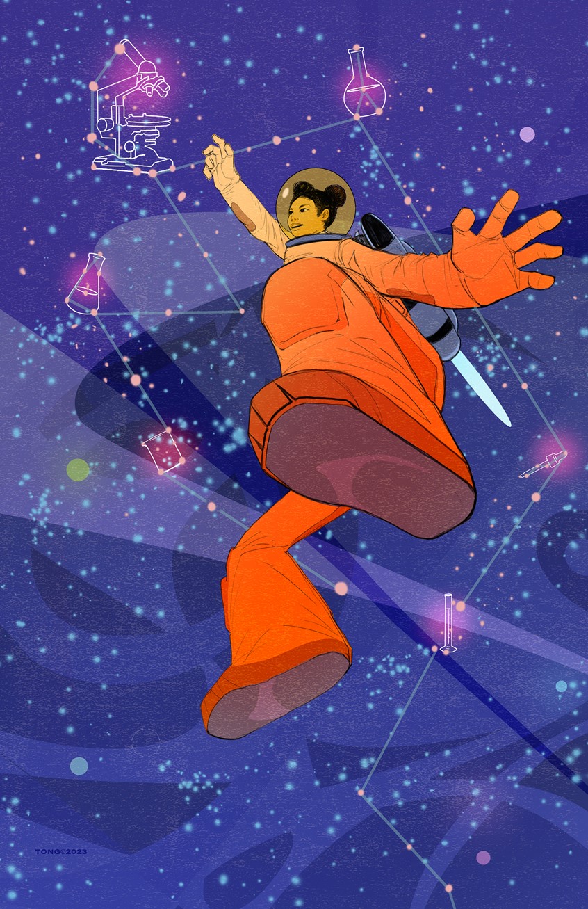 illustration of Exploring endless possibilities in STEM. Digital illustration using line and color. Conceptual, Girl, Women, Empowerment, Astronaut, Universe, Stars, Constellations, STEM, Exploration.