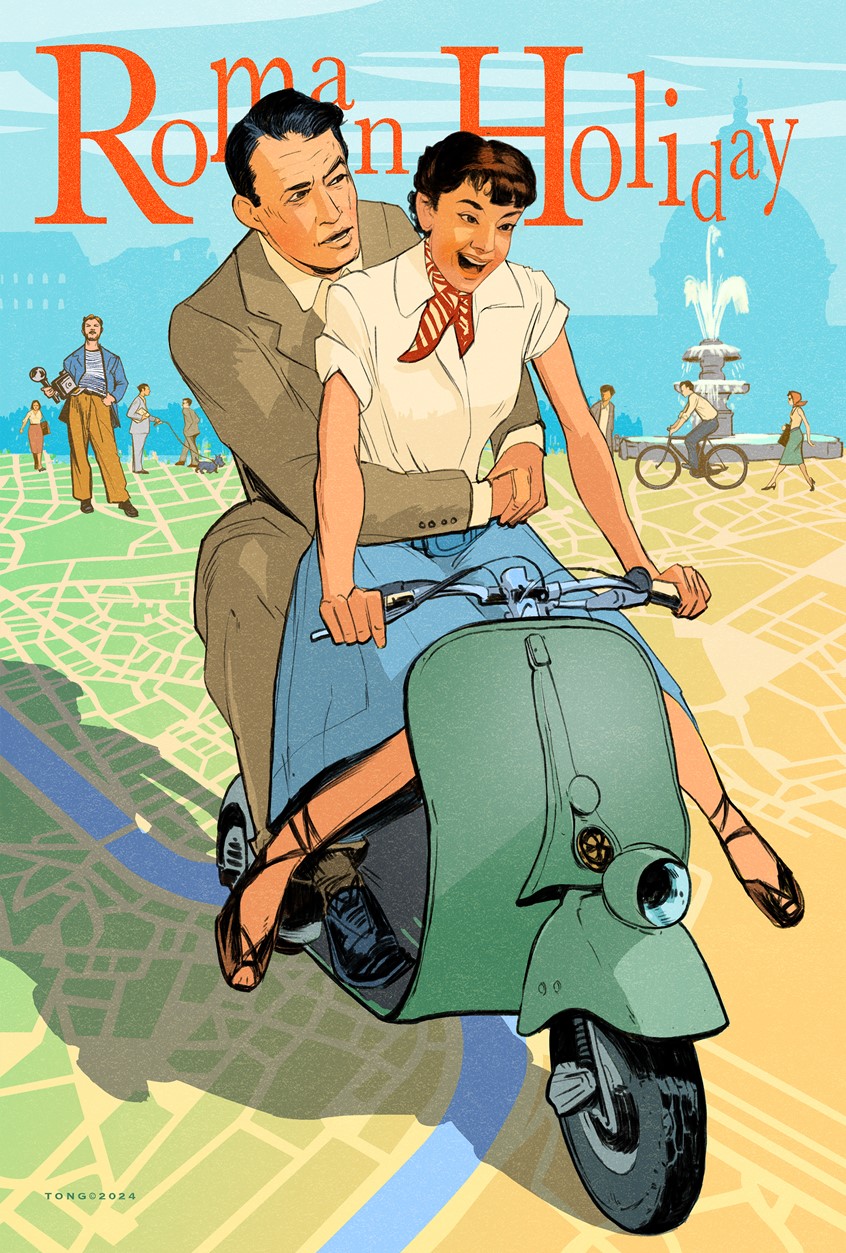 illustration of Roman Holiday Poster. Digital illustration using line and color. Movie Poster, Classic Movie, Portraits, Rome, Italy, Travel, Maps, Moped, Book Cover, Romance, Digital Illustration.