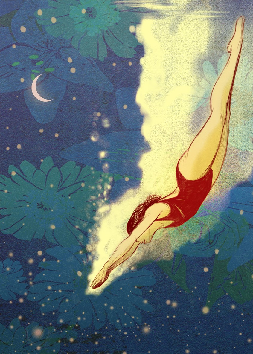 illustration of Digital illustration using line and color, Conceptual, Pursue your goals, Finding inner peace and balance, Woman, Diving, Moon, Water, Flowers, Celestial, Inspirational.