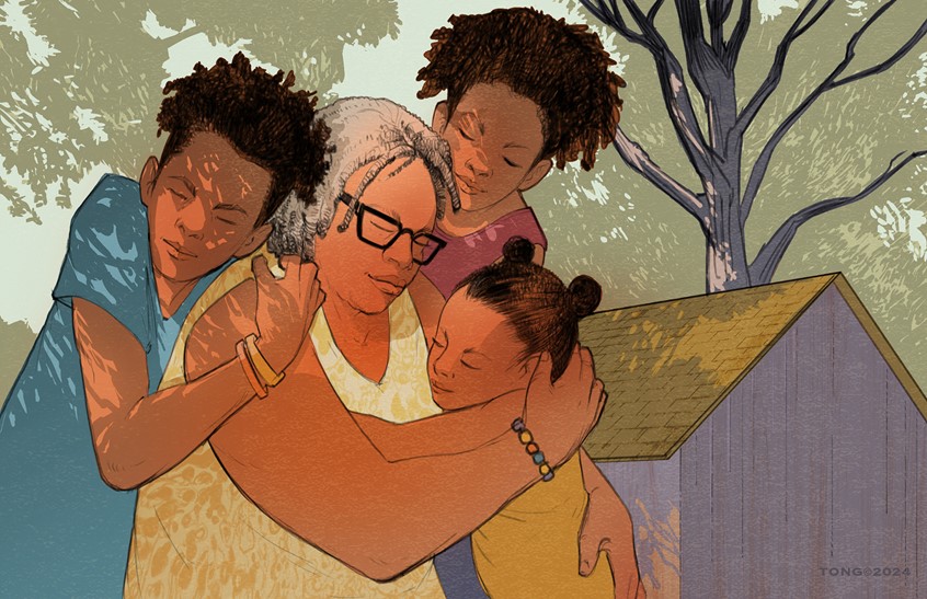 illustration of Digital illustration using line and color, Rollins Magazine Fall 2024 Issue, Community, Community Support, Rural, Family, Health, Healthcare, Mental Health, Support, Health Support, Healthcare Bridge.