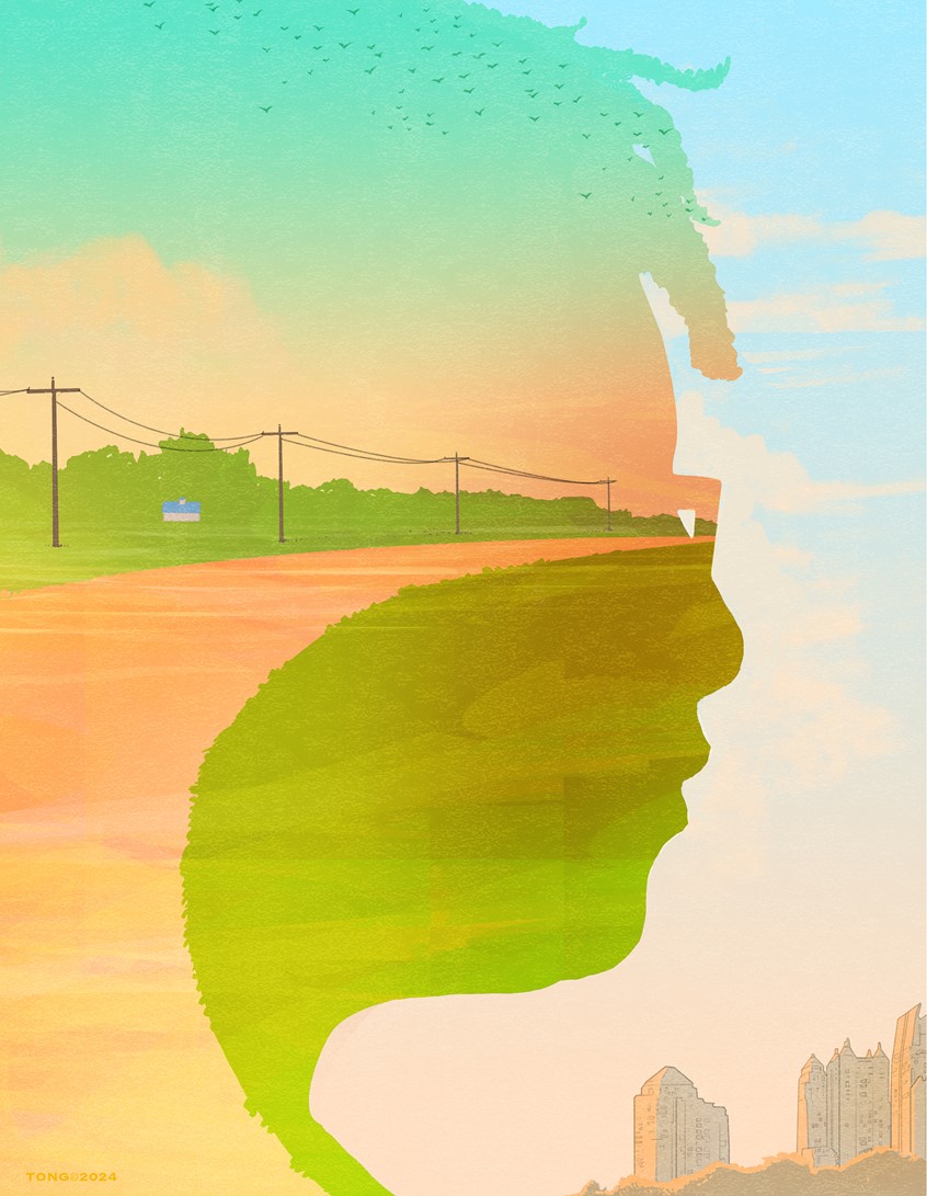 illustration of Digital illustration using line and color, Rollins Magazine Fall 2024 Issue, Community, Community Support, Rural, Family, Health, Healthcare, Mental Health, Support, Health Support, Healthcare Bridge.