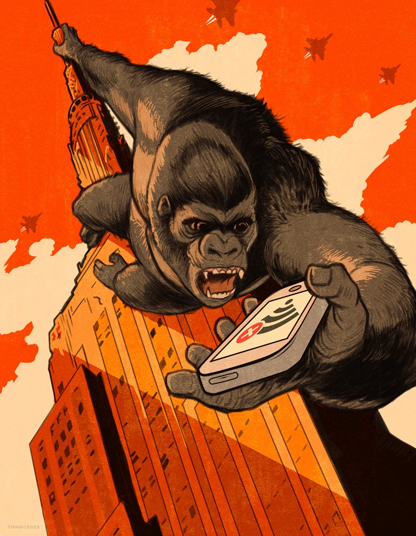 illustration of Digital illustration using line and color, King Kong, Classical Monsters, Empire State Building, Cell Phone, Fighter Jets, Humorous, WiFi Reception, Dynamic.