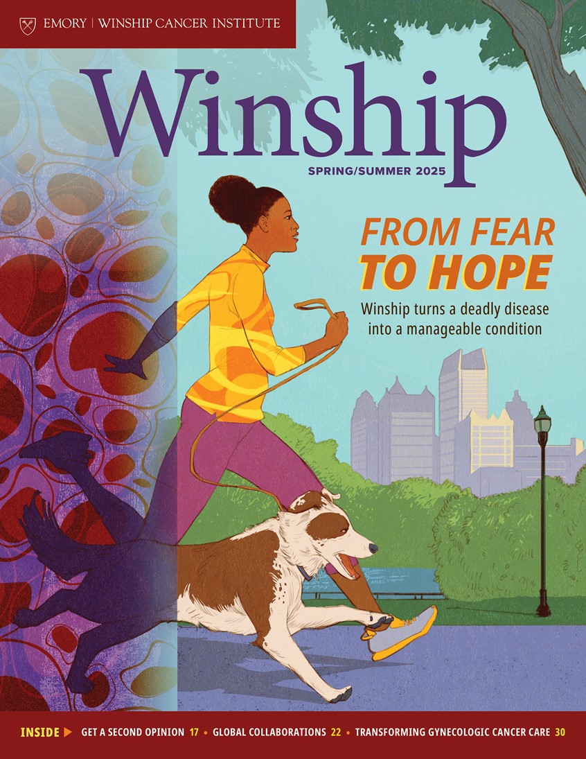 illustration of Digital illustration using line and color, Cover Illustration, Spring / Summer 2025 Issue, Emory University, Multiple Myeloma, Hope, Running, Park, Dog, Cityscape.