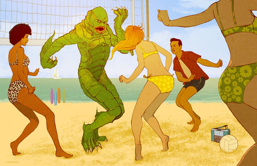 illustration of Digital illustration using line and color, Creature from the Black Lagoon, Classical Monsters, Beach, Volleyball, Volleyball Net, Dancing, Twist, Surfboards, Swimwear, Ocean, Sailboat.