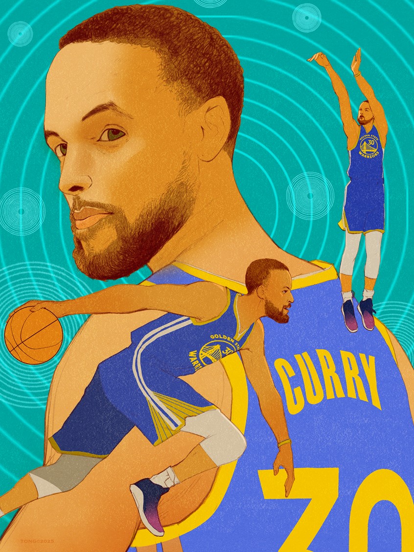 illustration of Digital illustration using line and color, Stephen Curry, Sports Portrait, Basketball, NBA, Three Pointer, Dribbling, Crossover, Golden State Warriors.