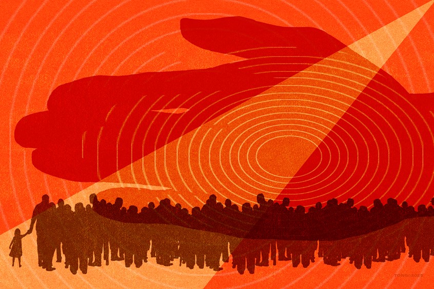 illustration of Digital illustration using line and color. Editorial Illustration, Immigration, Deportation, Family Separation, Controversy over deportation and immigration, Racial profiling, Large red hand keeping groups of people out.