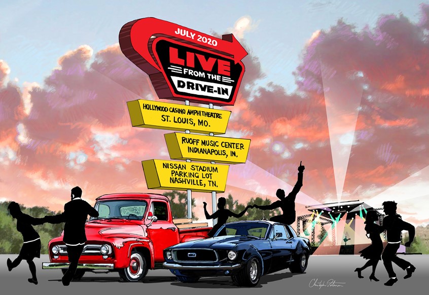 illustration of This poster was done in the beginning of the COVID period, when large gatherings were almost non-existent except for socially-distant audiences isolated by their cars. We tried to make it exciting.