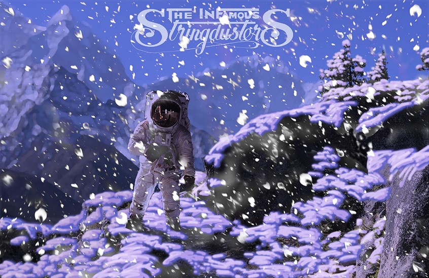 illustration of This poster for the Infamous string dusters, was for the UC Theater in Berkeley. It never ran, because ticket sales couldn't justify the cost, but I figure it turned out pretty good anyway. It features an astronaut walking on the surface of what looks like the moon, but is really a trail near Lake Tahoe