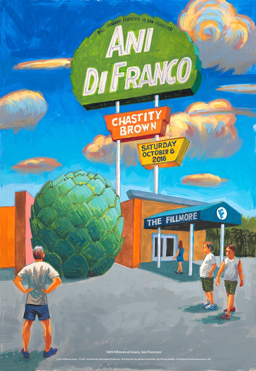 illustration of Ani DiFranco is a well-known vegetarian, so we decided to use the giant Artichoke from Castroville, CA. and a made-up neon sign, as a poster image.