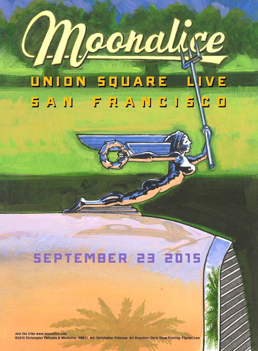 illustration of Union Square Park in San Francisco is center for upscale retail therapy. It has a convenient stage in the middle for bands to play. So this poster features a Rolls-Royce type of car with a sexy hood ornament.