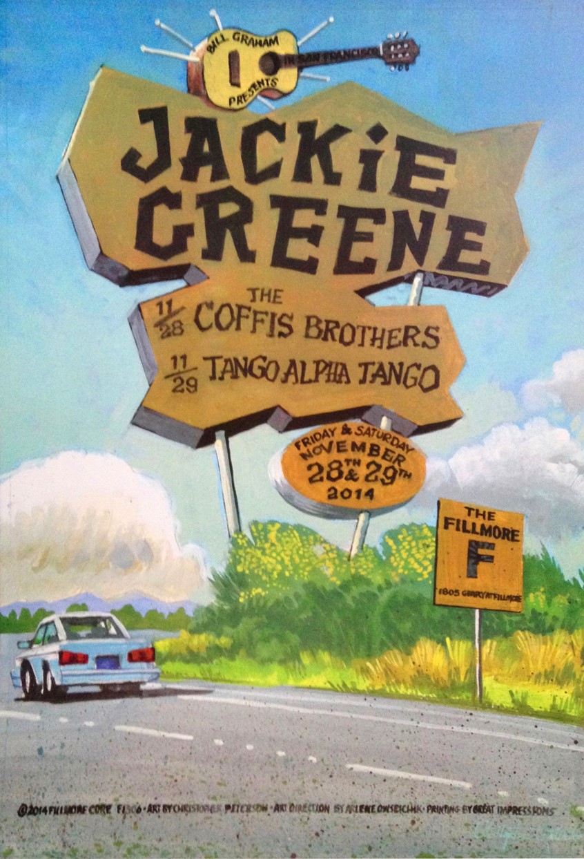 illustration of Jackie Greene is from Sacramento, so we decided to parody a highway sign originally for the Milk Farm, which is in Davis, right along highway 80.