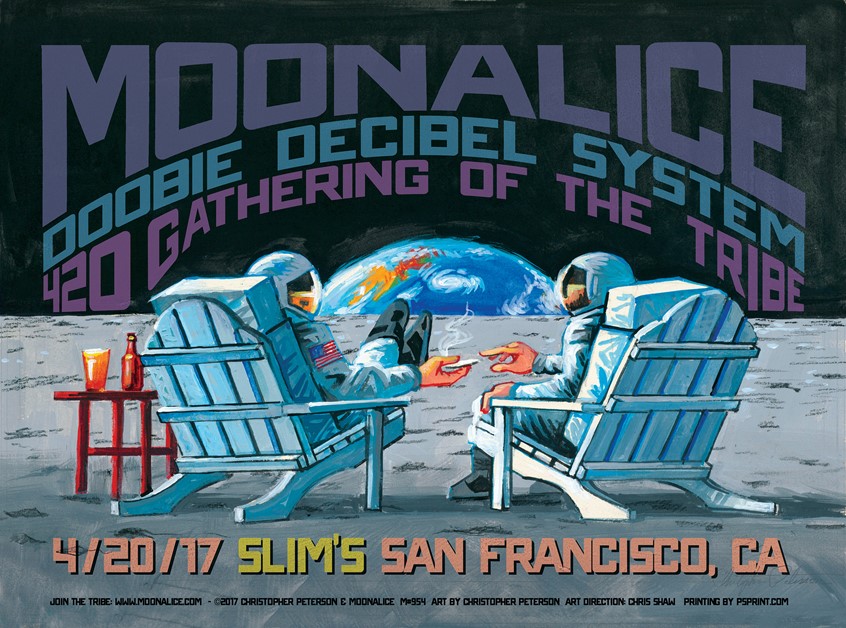 illustration of This poster image features two astronauts in Adirondack chairs, smoking a joint on the surface of the moon as the earth rises on the horizon.