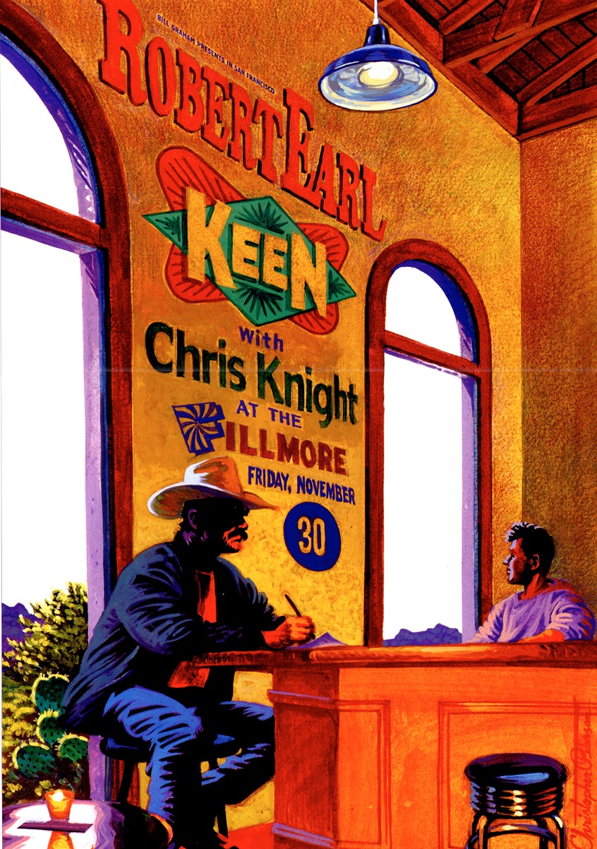 illustration of This poster features the image of a country songwriter at a bar, presumably thinking about his own life experience and how he can use it in his art. This was one of the most popular of my Fillmore posters. The model for the main character was me.