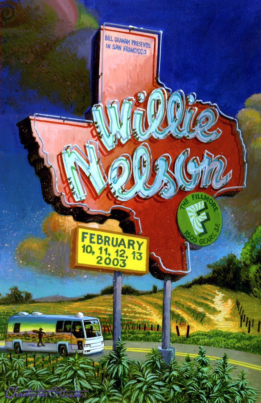 illustration of This image features a neon sign in the shape of the state of Texas, with Willie Nelson's name featured prominently. The background is Northern California, with Willie's tour bus and a nice crop of cannabis in the foreground.