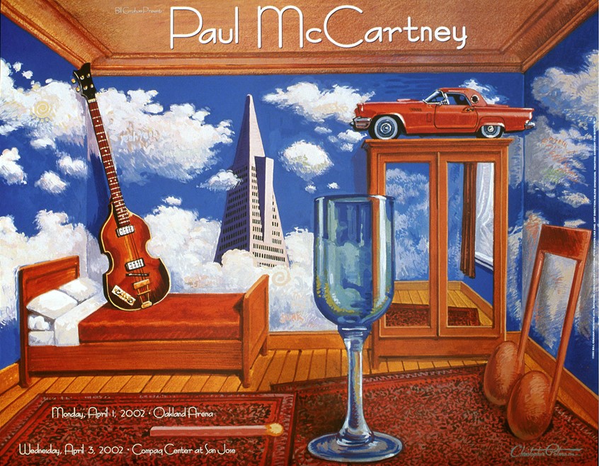illustration of This image is a parody of one of René Magritte's most famous paintings. Magritte was a favorite artist of Paul's, having been inspired by his apple as the logo of the Beatle's record company. I changed the elements in the painting to personalize it for Paul McCartney, San Francisco and the show in particular.