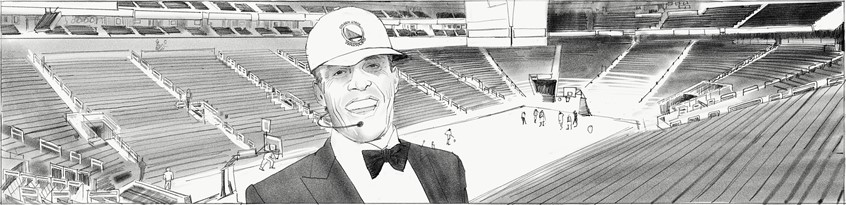 illustration of Drawing of Tony Robbins, who is a great source of inspiration for the Golden States Warriors, as part of a proposed series of videos to be run on large screens located inside the Warriors' new downtown stadium
