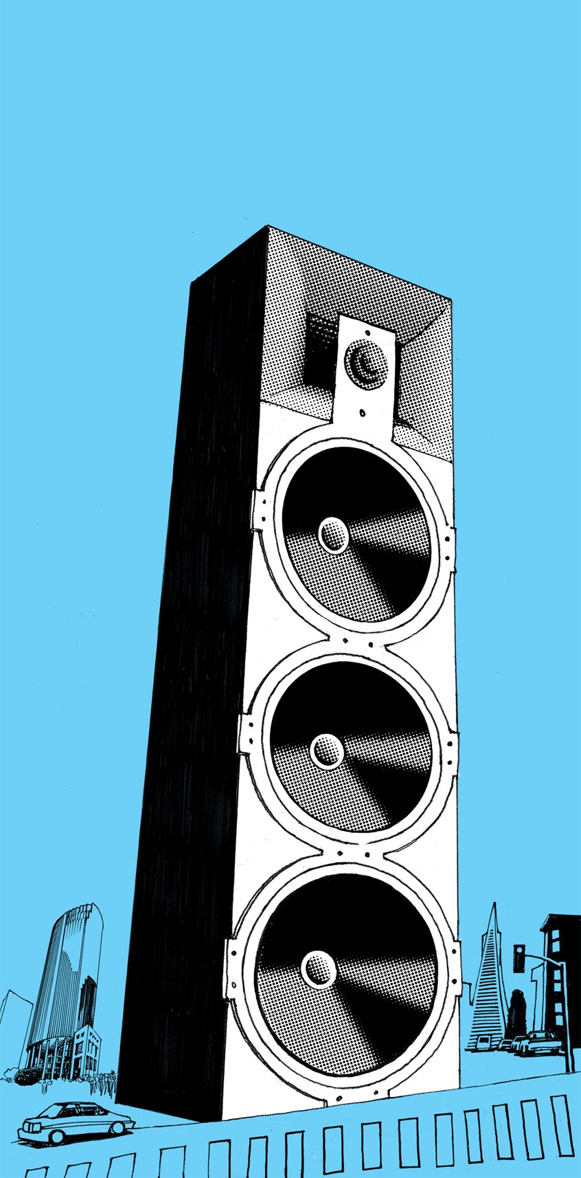 illustration of Microsoft had a top secret project in their San Francisco offices a while back. it was a music project, and it turned out to be Alexa! I was hired to decorate their offices with large graphic images of musical stuff in the city. This was part of a series, which was printed out in film and applied to glass dividing walls in their offices.