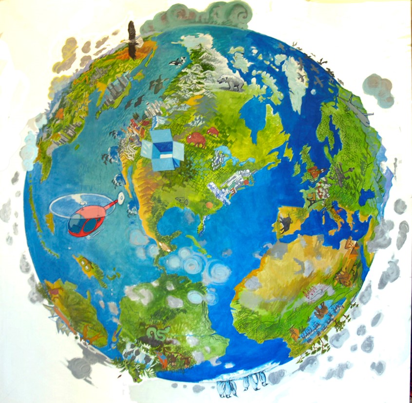 illustration of This painting was six feet square and it hung in the conference room of Drop Box headquarters in San Francisco. It features a Drop box, helicopters, birds, clouds, animals and some architecture form around the world.