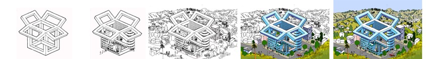 illustration of This series of images for Drop Box was inspired a little bit by M.C. Escher. It features a large drop Box, configured as a building in San Francisco, with details including cars, people and houses all around. Each of the five images in the series is progressively more developed and evolved and was printed on plexiglass and installed in the lunch area of the Drop Box offices.