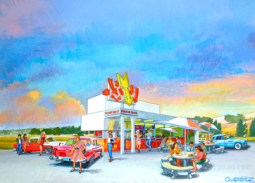 illustration of This scene was painted as a mural which was to be displayed on the Burger Shack restaurant, which was in the Facebook campus in Mountain View, CA. It features a 1950's retro-styled collection of cars and people all eating burgers at the burger shack.