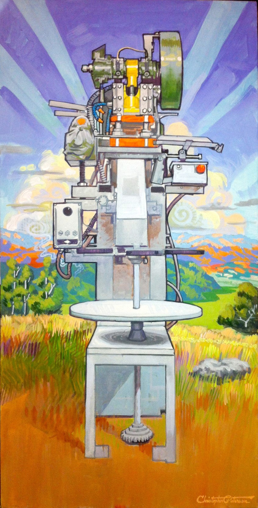 illustration of This painting represents the first machine that was used by my buddy George. It's a stamping machine that was used to cut small circular pieces out of wire mesh. George went on the create a whole company with many machines doing various things with Wire Mesh. This machine is located in Berkeley, CA., with the California hills in the background and smoke rising in the distance.