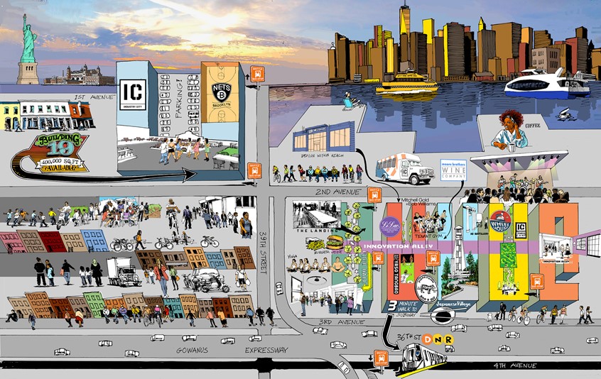 illustration of This illustration appeared as a fold-out section of a brochure for Industry City, a mixed-use real estate development in Brooklyn. It features working and leisure scenes from the complex, as well as buildings, people, transportation, infrastructure and neighborhood characters against the backdrop of the Manhattan skyline.