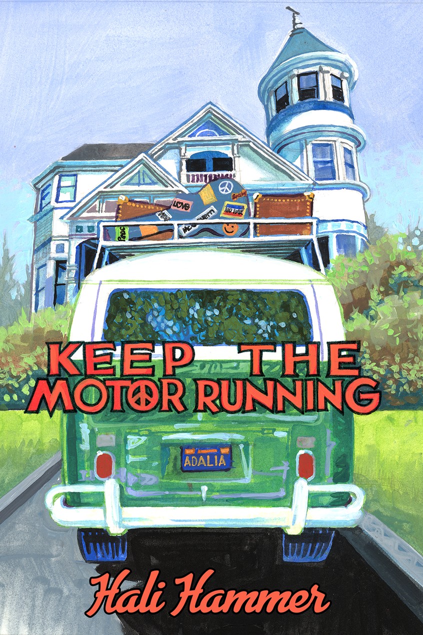 illustration of This painting was a book cover for the autobiography of Hali Hammer, a self-proclaimed Berkeley Hippie who has been there since the 1970's. It features a Volkswagen bus with luggage strapped on, a personalized license plate and a typically Berkeley queen-anne style house in the background.