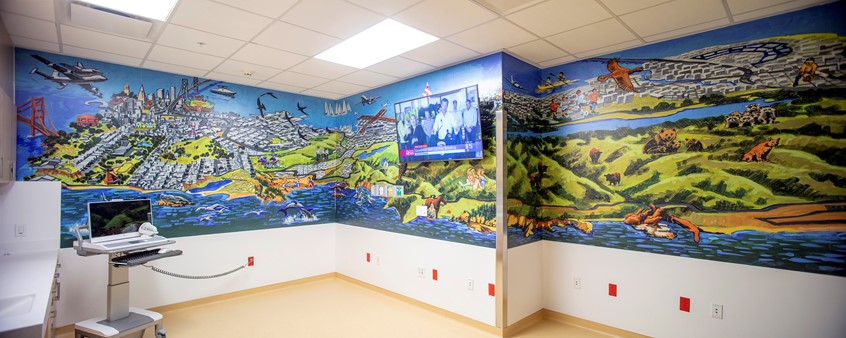 illustration of This Mural was designed for Stanford Children's Hospital's pulmonary therapy wing. It is an illustrated map of the San Francisco peninsula, featuring all the fun and interesting things to do in the area.