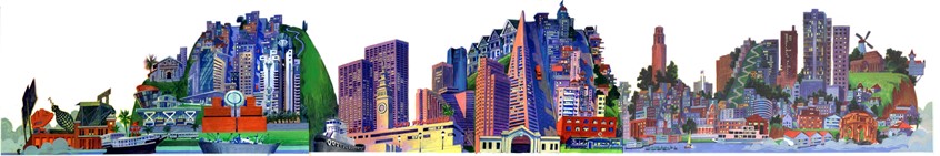illustration of This mural was created for the Punch Line Comedy Club in San Francisco. It features all the famous buildings in San Francisco exaggerated in perspective with a humorous flair