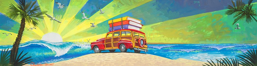 illustration of This bus board was designed as a moving advertisement for Santa Monica College. It's kind of a hippie image featuring an old woody at the beach with books strapped to the top, like a surfboard.
