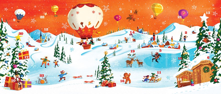 illustration of A festive snowy landscape with Christmas characters and animals having fun. Hot air balloon, Christmas tree, reindeer, snow, winter, gingerbread man, fox, Krampus, baubles