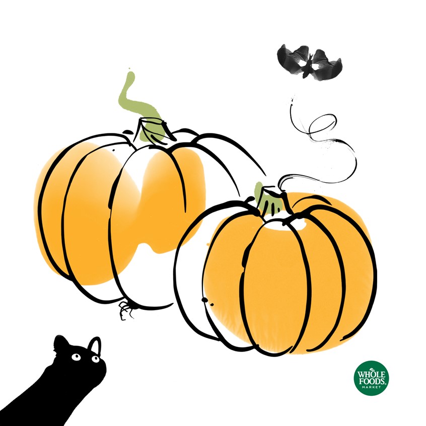 illustration of Line with color still life Illustration of black cat and pumpkins for Whole Foods Market. Illustrations used across food packaging, grocery bags, media, and signage.