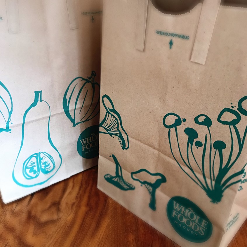 illustration of Line Illustration of squash and mushrooms for Whole Foods Market grocery bags. Illustrations used across food packaging, grocery bags, media, and signage.