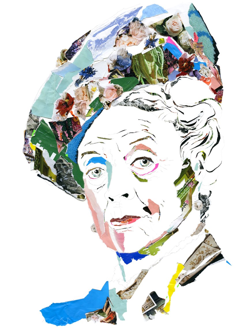 illustration of Collage portrait of Maggie Smith. It is an anolog collage using found materials: billboard posters, neon price stickers, candy wrapper foils, and more.
Celebrity, portrait, Maggie Smith, British actress,