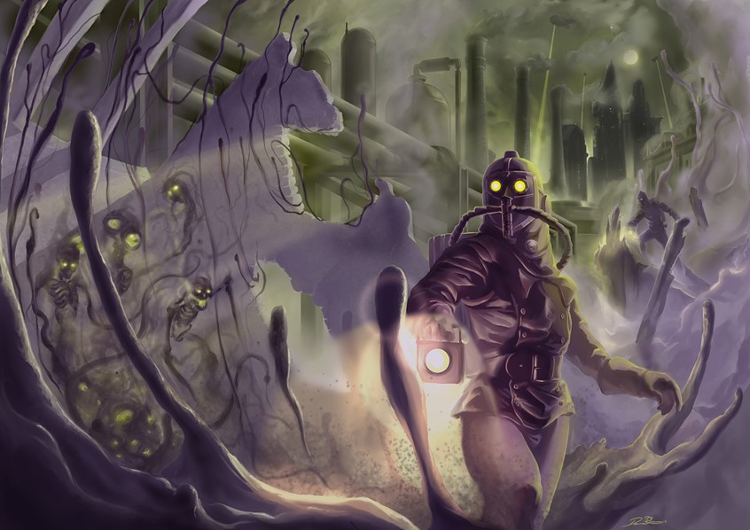 illustration of By the time you notice it, it's too late.
Cover illustration for Friction literary journal volume 3.
Horror, book, cover, slime, alien, lantern, scuba, pulp, eyes, mask, light, city