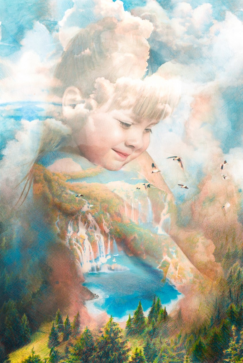 illustration of Oneiric portrait in which a girl merges with a landscape and a large waterfall. Illustration intended to be a magazine cover image.
Original illustration made with watercolour, India ink, colored pencils and graphite.
