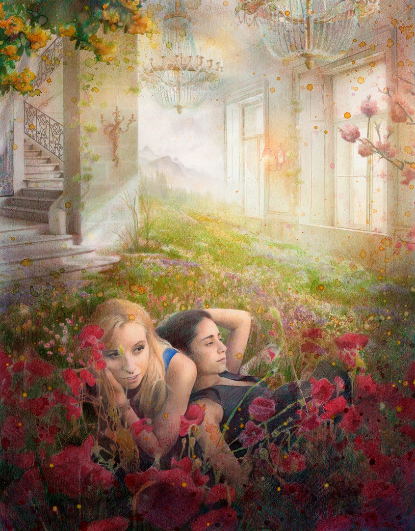 illustration of Illustration in which two women are shown in a place that is a baroque-style room and a poppy field at the same time. There is a beautiful mountain surrounded by virgin nature in the background. Illustration intended to be the image for a wine label.
Original illustration made with watercolour, India ink, colored pencils and graphite.