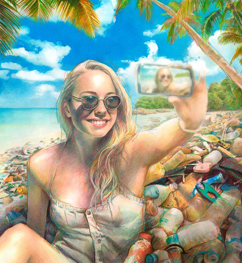 illustration of Conceptual illustration showing the serious impact of plastic waste on the environment and the indifference of the human being regarding this fact.
Work made with watercolour and colored pencils.
