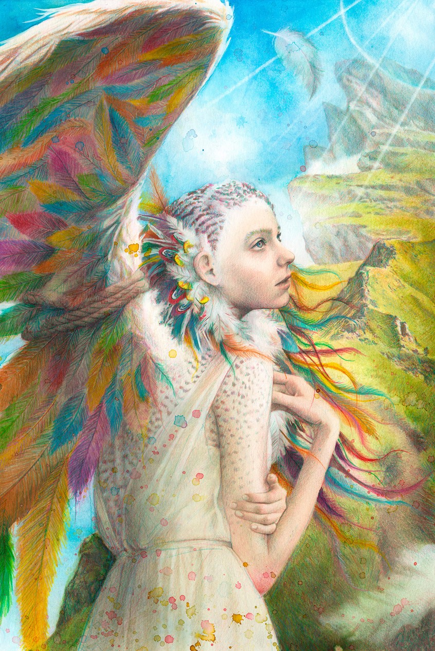 illustration of Illustration created for the Folio Book Illustration Award 2023 contest organized by The Folio Society. The work illustrates a small fragment of the tale «The Fliers of Gy» by Ursula K. Le Guin.
This piece was one of the 20 longlisted works among the 733 illustrations that were submitted to the contest.
Illustration created with watercolor, colored pencils, acrylic painting and graphite.