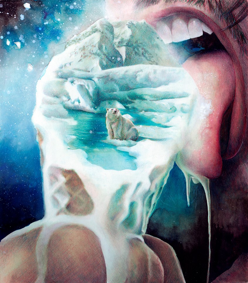 illustration of Conceptual illustration on global warming and the extremely serious impact of the human race on the planet and its ecosystems. The illustration also refers to the prevailing voracious capitalism that devours everything in its path.
Original illustration created on paper with watercolour, India ink, chalk pastels, colored pencils and graphite.