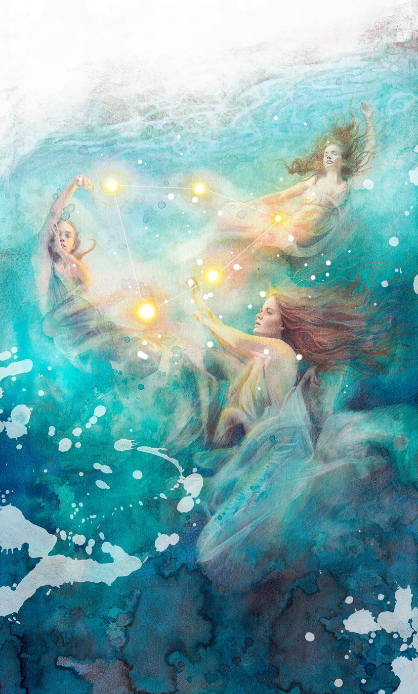illustration of Client: Pablo Guerrero (Estudio de Diseño Gráfico)
Representation of the Hyades, a sisterhood of nymphs that bring rain.
Illustration for a label of a white wine.
Work created on paper with watercolour, India ink, colored pencils and graphite.