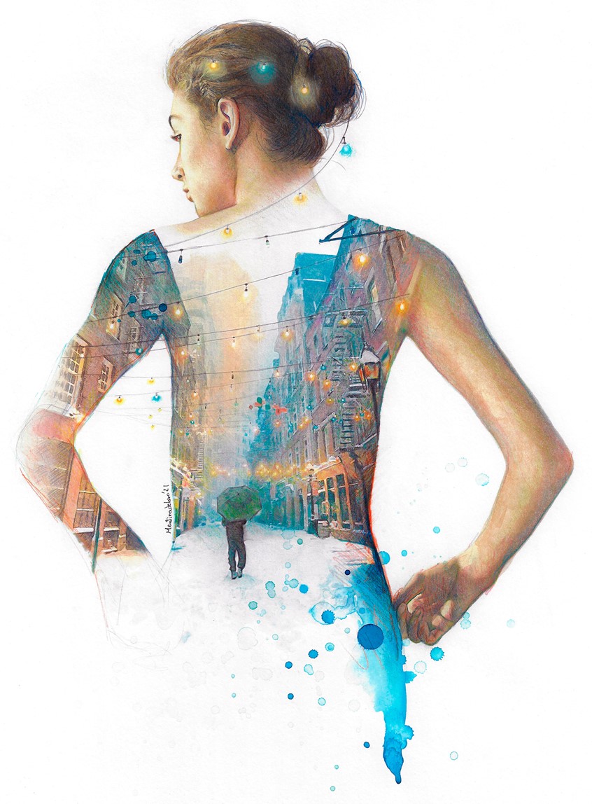 illustration of Illustration showing an urban landscape fused with a realistic portrait.
Work made on paper with watercolor, colored pencils and graphite.