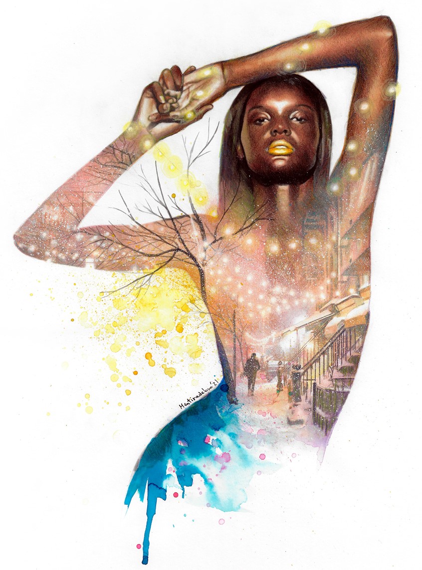 illustration of Illustration showing an urban landscape fused with a realistic portrait.
Work made on paper with watercolor, colored pencils and graphite.