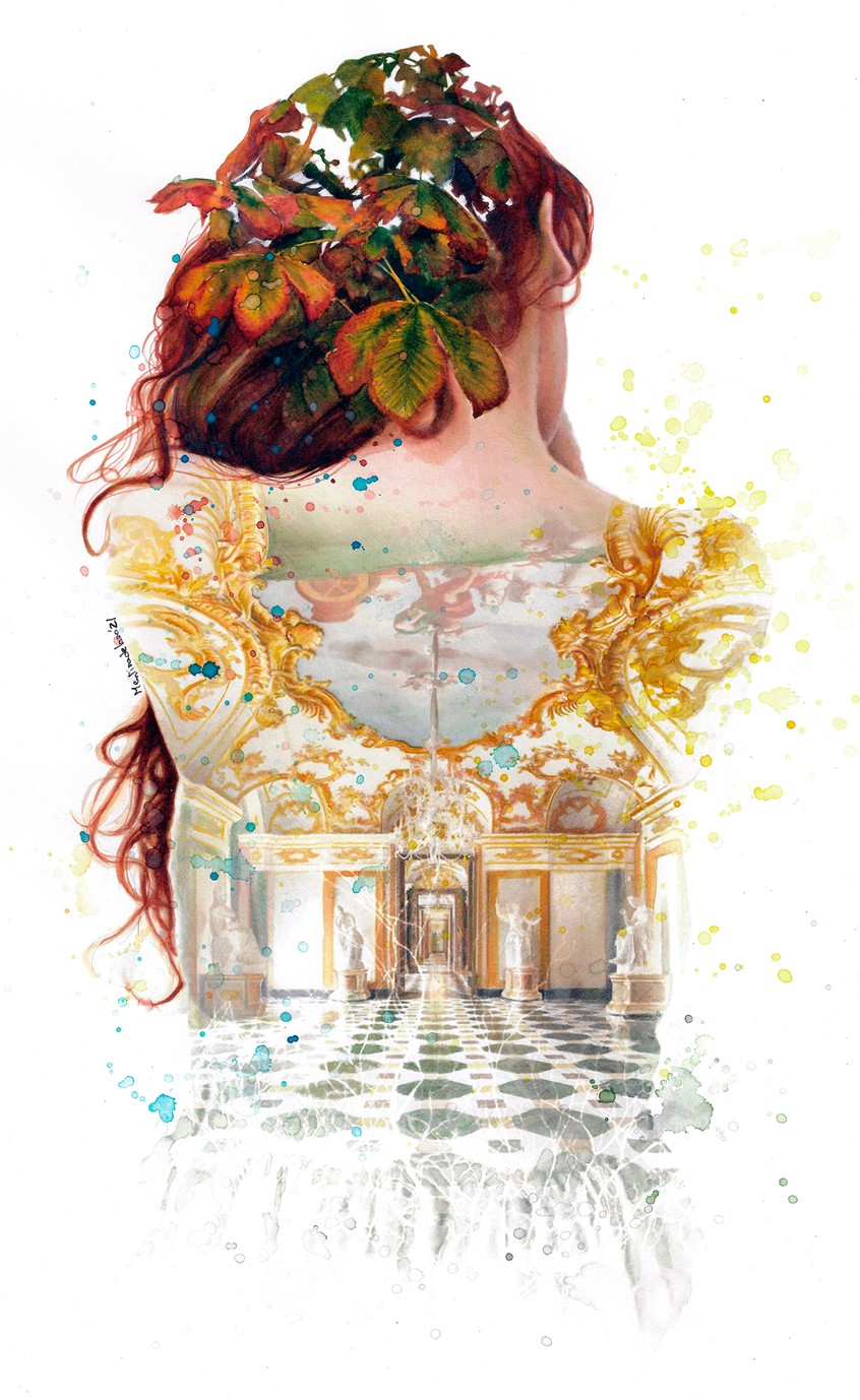 illustration of Illustration showing a room in a baroque palace fused with a realistic portrait.
Work created on paper with watercolor, colored pencils and graphite.