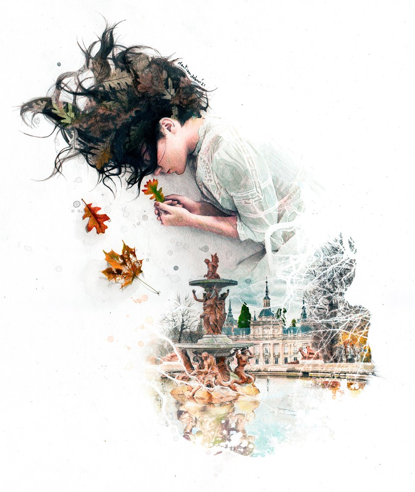 illustration of Illustration showing a baroque palace fused with a realistic portrait.
Work created on paper with watercolor, colored pencils and graphite.