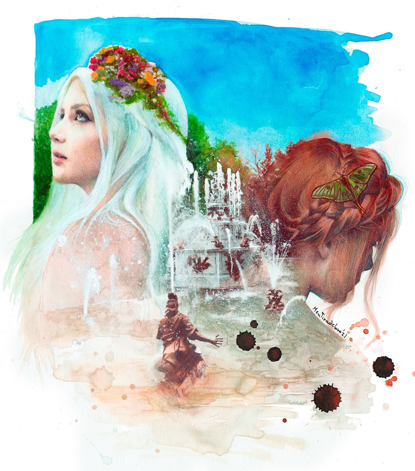 illustration of Illustration showing a monumental baroque fountain and a landscape fused with a realistic portrait.
Work created on paper with watercolor, colored pencils and graphite.