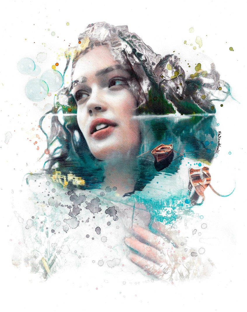 illustration of Oneiric illustration showing a double-exposure landscape fused with a realistic portrait.
Work created on paper with watercolor, colored pencils and graphite.