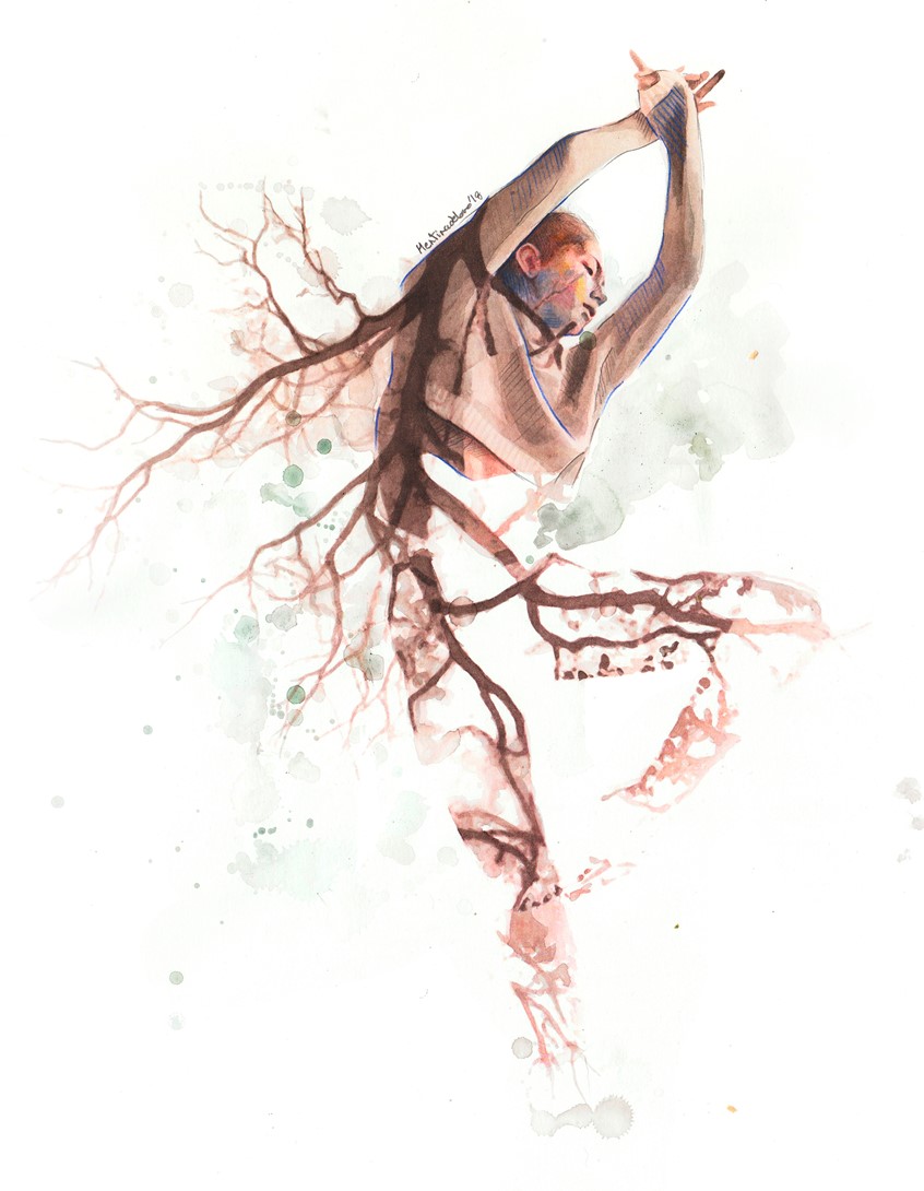 illustration of Oneiric illustration of a woman turning into roots and branches.
Work created on paper with watercolor, colored pencils and graphite.