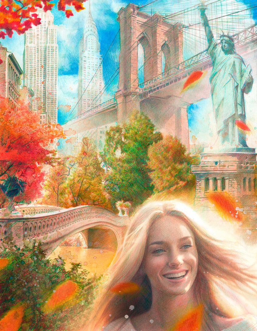 illustration of Illustration representing the main tourist attractions in New York City. Intended to be part of a travel brochure.
Original illustration created with watercolour, India ink, colored pencils and graphite.